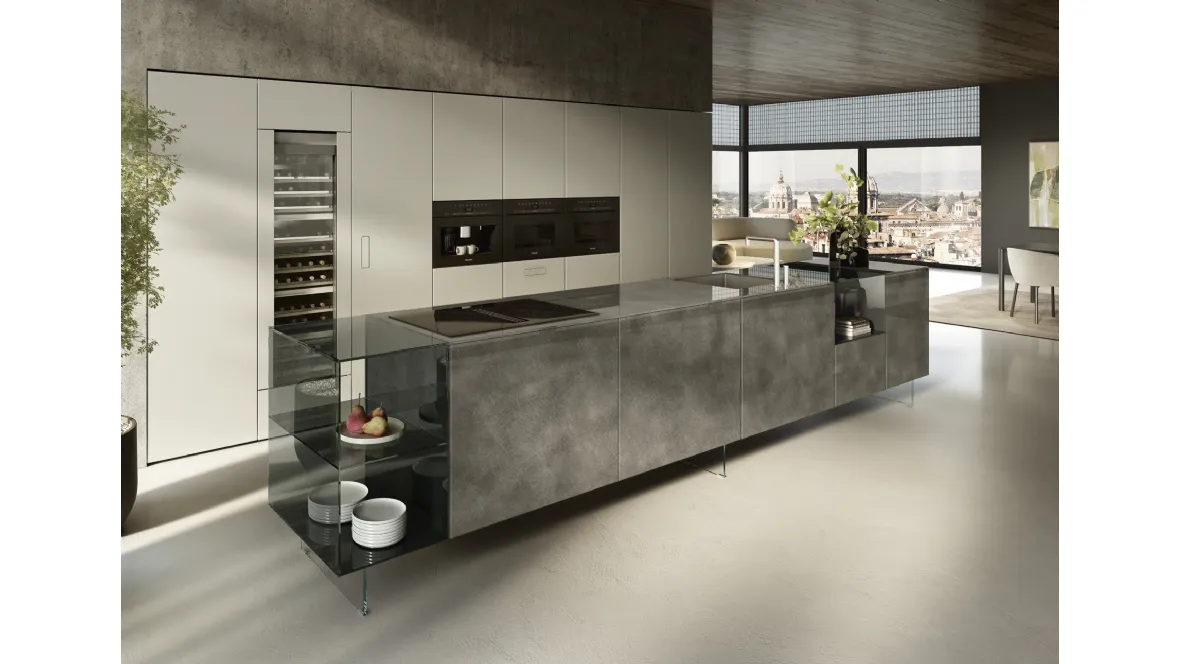 Cucina Design con isola 36e8 Project 2812 in vetro di Lago